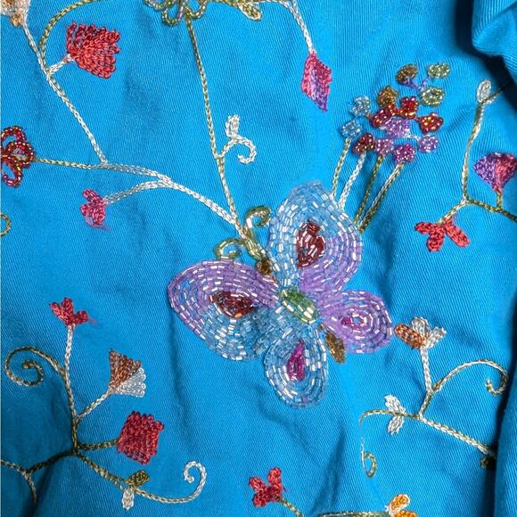Vtg Y2K Quacker Factory Blue Floral Butterfly Embroidered Beaded Cotton Jacket S - Picture 3 of 5